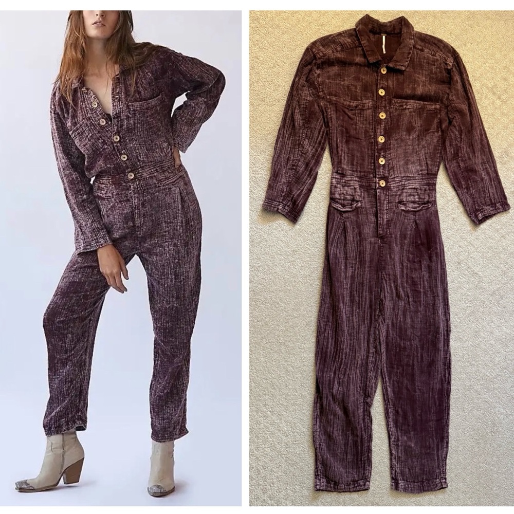 Free People Textured Button-Front Purple Jumpsuit in Plum Stone Washed Boho